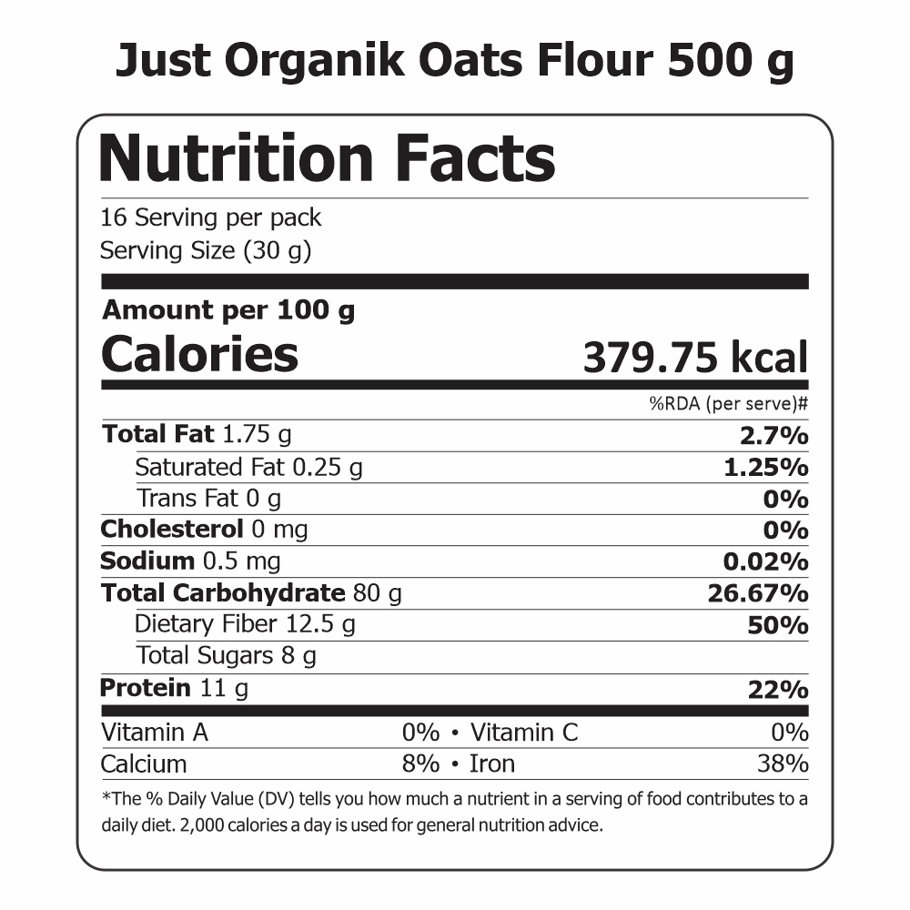 Just Organik Organic Oats Flour 1kg (pack of 2, 2x500g)