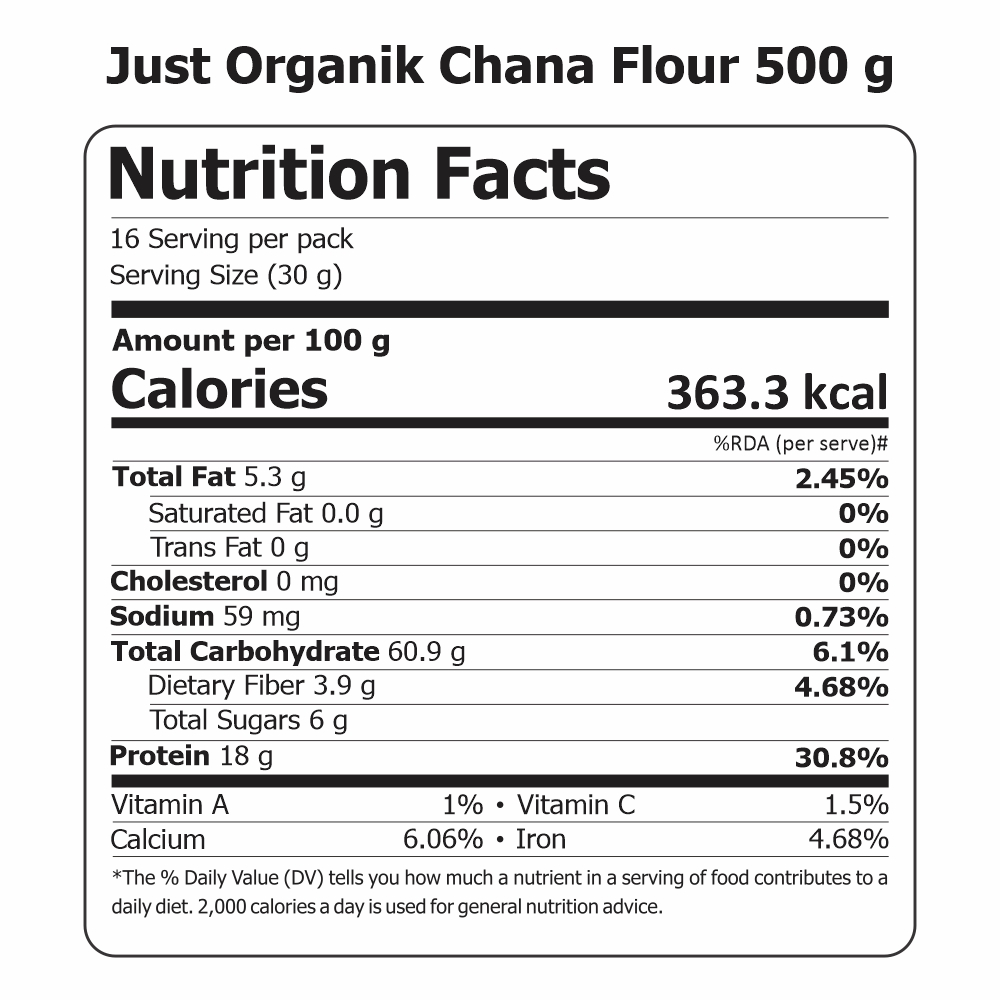 Just Organik Organic Chana Flour 1kg (pack of 2, 2x500g)