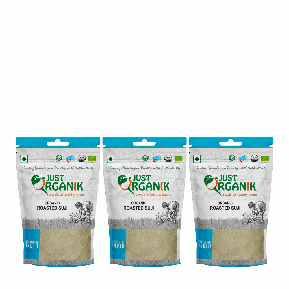 Just Organik Organic Roasted Semolina (Suji) 1.5kg(pack of 3, 3x500g)