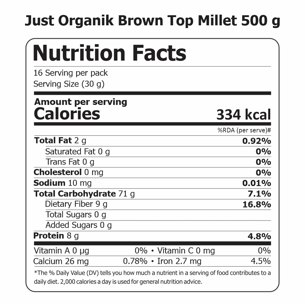 Just Organik Organic Brown Top Millet 1kg (pack of 2, 2x500g)