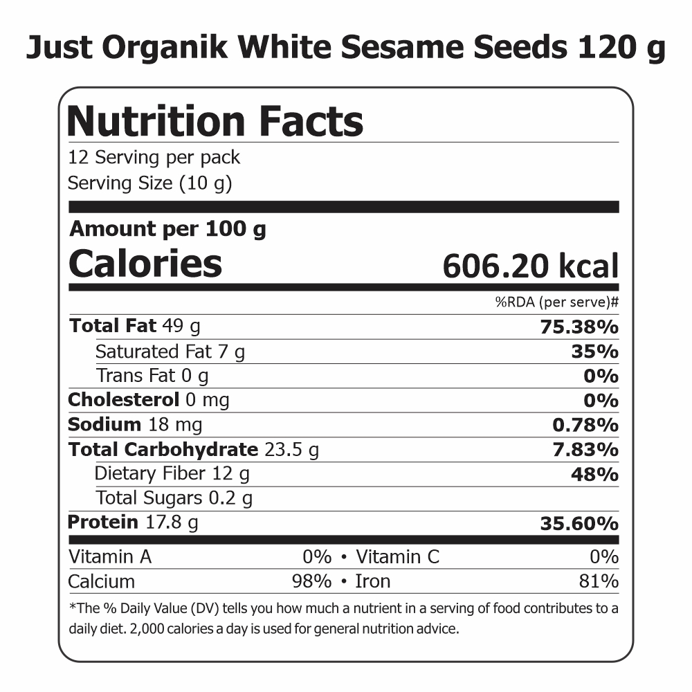 Just Organik Organic White Sesame Seeds 360g (pack of 3, 3x120)