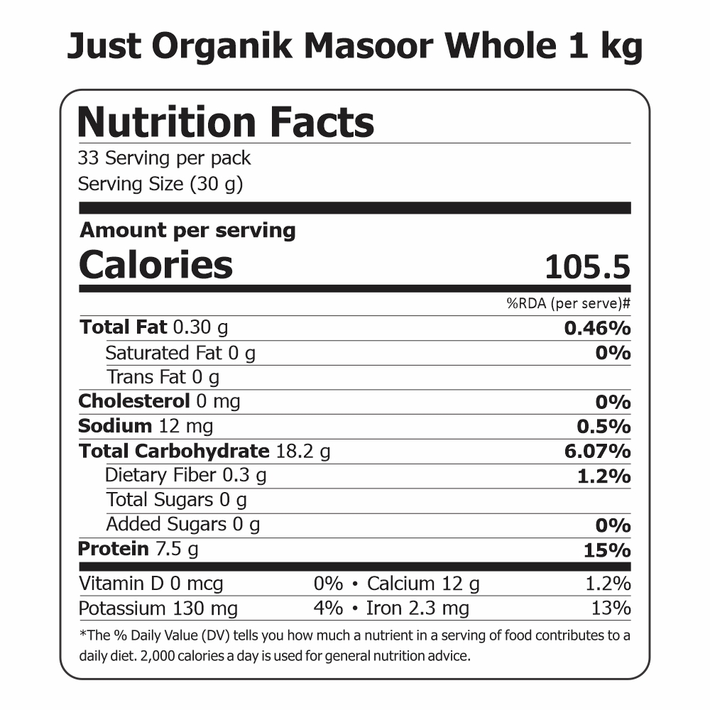 Just Organik Organic Masoor Whole (Brown Lentils) 1kg