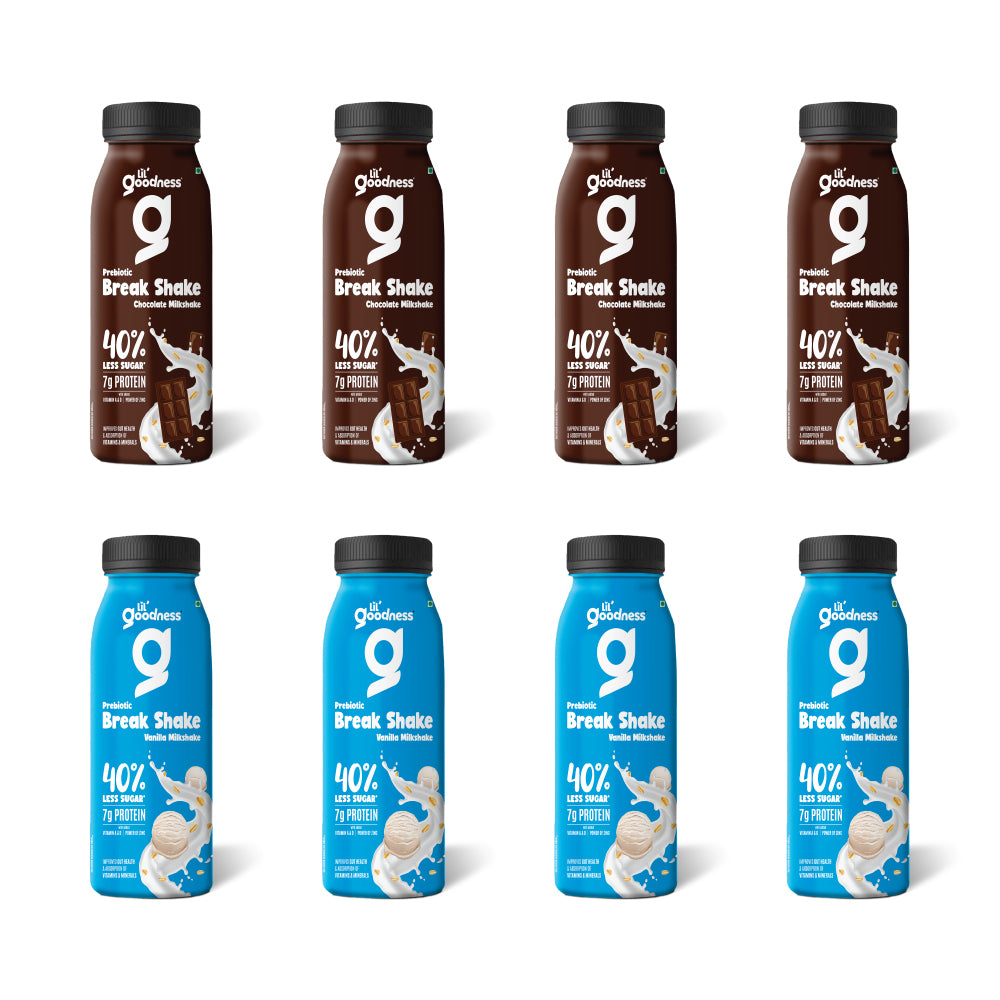 Lil'Goodness Assorted Prebiotic Break Shake - Vanilla & Chocolate Milkshake with Oats - 200Ml (Pack of 8)