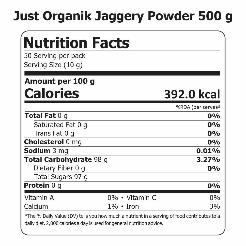 Just Organik Organic Jaggery Powder/ Shakkar 1.5kg(pack of 3, 3x500g)