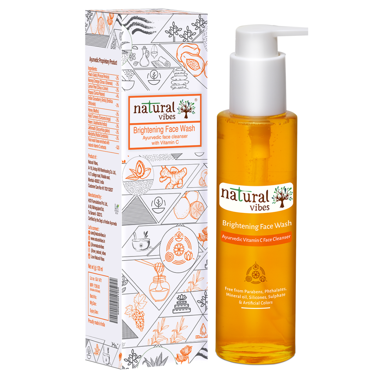 Natural Vibes Ayurvedic Vitamin C Brightening Face Wash 120 ml Deep cleanses your pores, fights sun damage, lightens pigmented areas and brightens your complexion